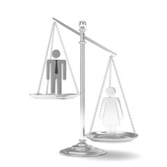 Isolated old fashioned pan scale with man and woman on white background. Gender inequality. Equality of sexes. Law issues. Silver model. 3D rendering.