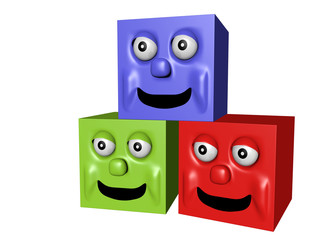 Three cubes with smile. 3D illustration isolated.