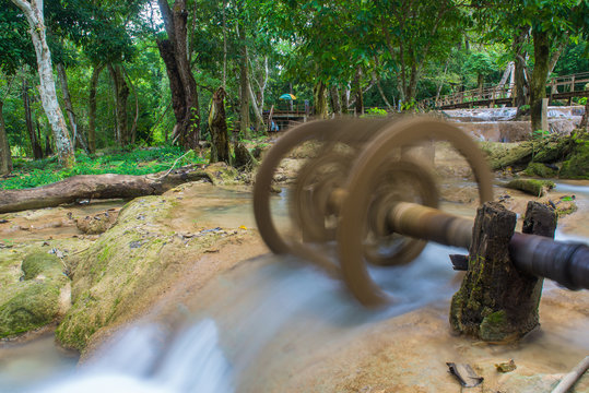 Waterwheel at Tad Sae Waterfalls at Luang prabang, Laos