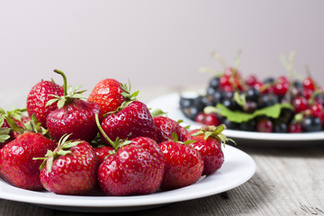 Plates with fresh picked strawberries and blach and red currants