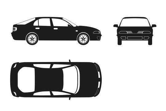 Car silhouette on a white background . Three views : front, side