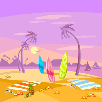 Summer holiday sunset beach scene vector cartoon