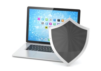 Laptop and shield on white, computer security concept. 3d rendering.