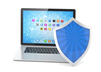 Laptop and shield on white, computer security concept. 3d rendering.