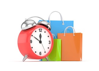 alarm clock and shopping bag (time to buy concept). 3d rendering.