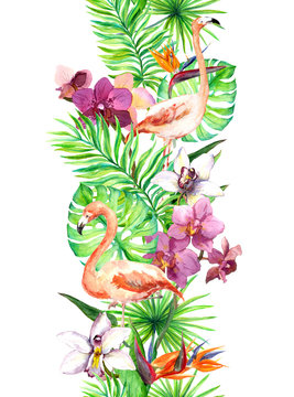 Tropical leaves, flamingo bird, orchid flowers. Seamless border. Watercolor frame