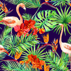 Tropical design: exotic leaves, flamingos, orchid flowers. Seamless pattern. Watercolor © zzorik