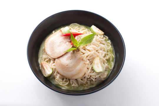 shot ramen isolated in studio on white background,  Fusion food