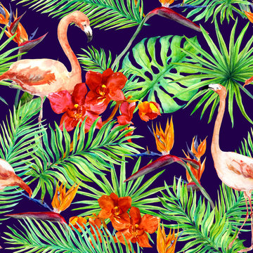 Tropical design: exotic leaves, flamingos, orchid flowers. Seamless pattern. Watercolor