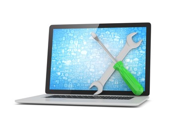 3D Illustration Wrench and screwdriver on laptop, service concept
