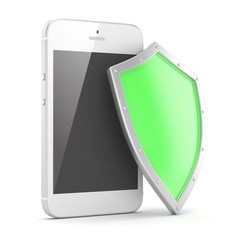 Smartphone and shield on white, security concept. 3d rendering.