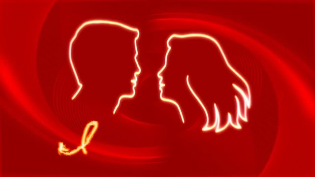 silhouettes of kissing heads of man and woman with inscription in the manner of fire about confession in love