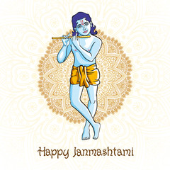 cartoon Krishna with a flute. Greeting card for Krishna birthday. Vector illustration isolated on a white background. Indian mandala background