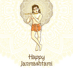 Krishna playing the flute. Vector illustration for the Indian festival of janamashtmi celebration against the background of the mandala