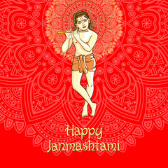 illustration of Lord Krishana in Happy Janmashtami red background Indiian mandala vector