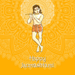 Krishna playing the flute. Vector illustration for the Indian festival of janamashtmi celebration against the background of the mandala