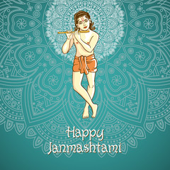 cartoon. illustration of Lord Krishana in Happy Janmashtami blue background Indiian mandala vector