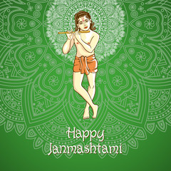 cartoon. illustration of Lord Krishana in Happy Janmashtami green background Indiian mandala vector