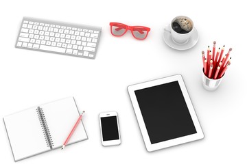 Office workplace set on white table. Pc, tablet, smartphone, notebook, red stationery, red glasses, cup of coffee, keyboard.