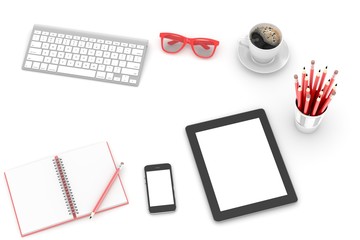 Office workplace set on white table. Pc, tablet, smartphone, notebook, red stationery, red glasses, cup of coffee, keyboard.