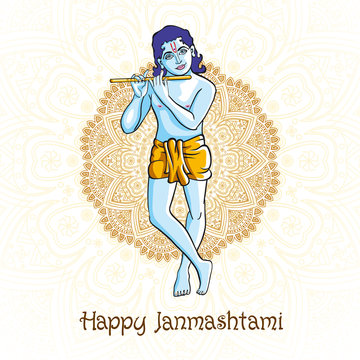 cartoon Krishna with a flute. Greeting card for Krishna birthday. Vector illustration isolated on a white background. Indian mandala background