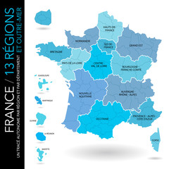 Carte de France / 13 régions et outre-mer avec départements (un tracé autonome par zone)