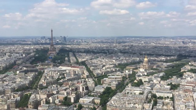 Aerial View Of Paris And Eiffel Tower, Pan 4K. The Montparnasse Tower Panoramic Observation Deck has the most beautiful view of Paris - 4k