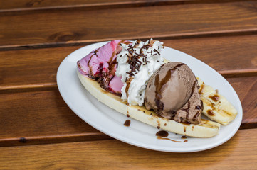 Delicious sweet banana split ice cream dessert