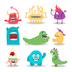 Obraz premium Set of nine cartoon cute monsters on white background.