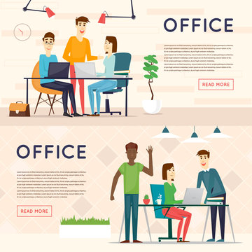 Business cartoon characters. People talking and working at the computers. Office workplace interior. Co working center. Open space. Room to work and study. Banners. Flat design vector illustration.