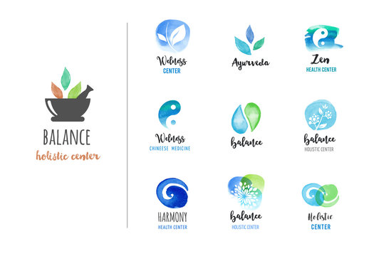 Alternative medicine and wellness, yoga, zen meditation concept - vector watercolor icons, logos