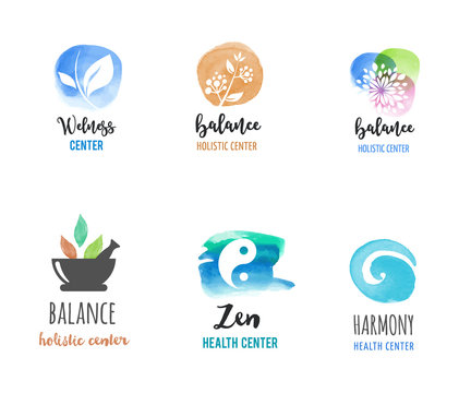 Alternative medicine and wellness, yoga, zen meditation concept - vector watercolor icons, logos