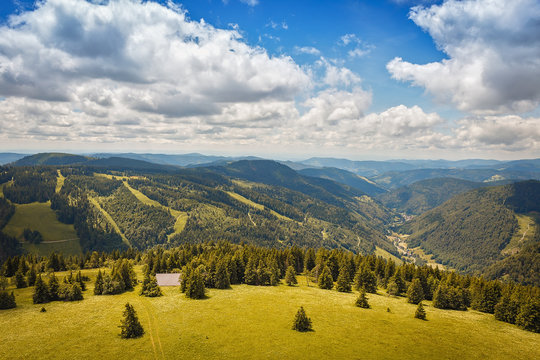 .Panoramic view from the tower Feldbergturm the mountains of the Black Forest .Germany