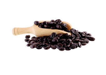 Coffee beans in scoop on white background