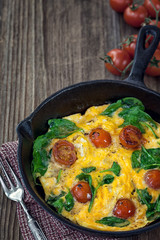 Spinach frittata in iron skillet