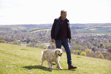 Mature Man Taking Golden Retriever For Walk In Countryside