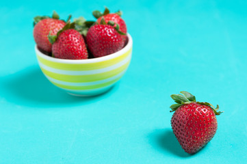 Fresh strawberry and juice on wood table. flat lay.
