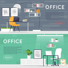 Office interior. Business, designer workspace. Working Place. Co working. Open space. Flat design vector illustration. Banners.