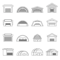 Hangar set in outline ctyle. Warehouse set collection vector illustration