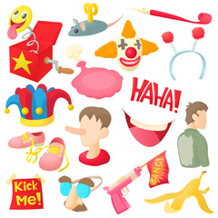 April fools day icons set in cartoon ctyle. Prank playful actions set collection vector illustration