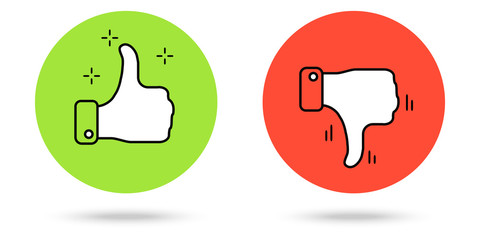 Fototapeta premium Thumbs up and down buttons. Vector simple red and green color icons.