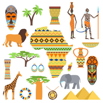 African symbols and travel safari icon, travel element set. Poster African symbols design african ethnic set. Travel art south icon Africa symbols and ancient animal travel vector design.