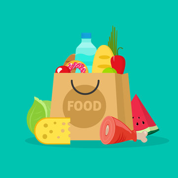 Grocery Bag Vector Illustration Isolated On White, Paper Bag Of Groceries Flat Cartoon Shopping Bag With Fresh Products