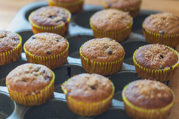 Healthy Paleo Vegan Gluten-free Banana Muffins with Berries and Honey on a Baking Tray, Delicious, Close-up View