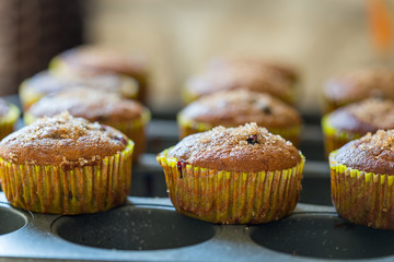 Healthy Paleo Vegan Gluten-free Banana Muffins with Berries and Honey on a Baking Tray, Delicious, Close-up View