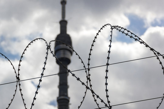 Freedom on speach in barbed wire and the Ostankino Television Tower on background