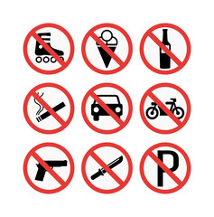 Prohibition signs set vector illustration. Warning danger symbol prohibiting signs. Forbidden safety information prohibiting signs. Protection signs no pet warning information sign.