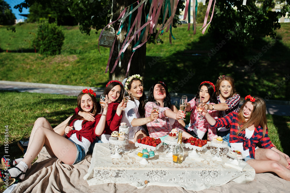 Wall mural seven happy and sexy girls sitting at picnic table on bacheloret