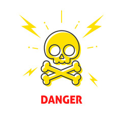 Electrical shock hazard sign vector badge, electricity protection warning danger sticker, high potential flat icon label with skull crossbones emblem illustration symbol isolated on white, lightning