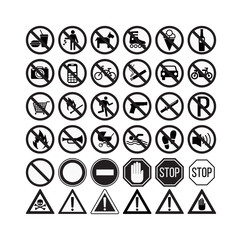 Prohibition signs set vector illustration. Warning danger symbol prohibiting signs. Forbidden safety information prohibiting signs. Protection signs no pet warning information sign.